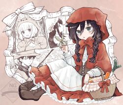 1boy 3girls :&lt; alternate_costume alternate_hairstyle animal_costume animal_ears apron bags_under_eyes basket big_bad_wolf big_bad_wolf_(cosplay) black_hair blush boots bottle bow braid breasts brown_footwear capelet carrot center_frills cleavage commentary_request corset cosplay dress fake_animal_ears fang frills gloves grandmother_(little_red_riding_hood) grandmother_(little_red_riding_hood)_(cosplay) gun hair_between_eyes hat hat_bow hat_feather highres holding holding_basket holding_gun holding_scissors holding_weapon hood hood_up hooded_capelet house hunter_(little_red_riding_hood) hunter_(little_red_riding_hood)_(cosplay) kuroki_tomoki kuroki_tomoko little_red_riding_hood_(fairy_tale) little_red_riding_hood_(fairy_tale_character) little_red_riding_hood_(fairy_tale_character)_(cosplay) long_hair long_sleeves looking_at_viewer looking_to_the_side mob_cap multiple_girls naruse_yuu nuka_(nukamochi) open_mouth orange_background parted_lips red_bow red_capelet red_dress red_hood satozaki_kiko scissors shirt short_hair sidelocks sitting smile spring_onion triangle_mouth twin_braids twitter_username watashi_ga_motenai_no_wa_dou_kangaetemo_omaera_ga_warui! watermark weapon white_apron white_shirt window wolf_costume wolf_ears wolf_hood