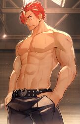 1boy abs alternate_costume bara blood blood_from_mouth casual character_request cuts expressionless fate/grand_order fate_(series) feet_out_of_frame garage hands_in_pockets hidora_art highres injury large_pectorals looking_to_the_side male_focus muscular muscular_male nipples pectorals red_hair short_hair sideburns solo standing stomach sweat swept_bangs topless_male