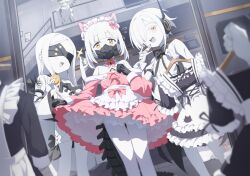 4girls absurdres alternate_costume animal_ears apron bandaged_hand bandages bell black_gloves black_mask blindfold blue_archive blush bow cat_ears colored_skin commentary_request covered_eyes dress dress_bow ein_(blue_archive) enmaided extra_pupils flying_sweatdrops frilled_dress frills gloves hair_over_one_eye highres holding holding_unworn_clothes holding_unworn_dress indoors jingle_bell layered_dress loli long_hair long_sleeves looking_at_viewer maid maid_apron maid_headdress malkuth_(blue_archive) mask mechanical_tail multiple_girls off-shoulder_dress off_shoulder ohr_(blue_archive) one_eye_covered open_mouth pink_dress respirator same_(samefgo) short_hair skirt_hold smile sof_(blue_archive) symbol-shaped_pupils tail thumbs_up triplets twintails unworn_dress white_hair white_skin x-shaped_pupils yellow_eyes