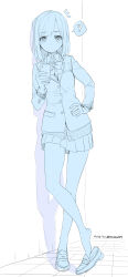 1girl :o ? absurdres against_wall bare_legs blazer blue_theme bow bowtie buttons cellphone check_copyright collared_jacket collared_shirt commentary_request copyright_request dot_nose eyelashes full_body highres holding holding_phone indoors jacket lapels layered_sleeves leaning light_blush long_sleeves medium_hair miniskirt monochrome no_socks notched_lapels original parted_lips phone pleated_skirt pocket school_uniform shadow shirt shoe_loss shoes skirt smartphone solo spoken_question_mark standing straight_hair sweater_jacket swept_bangs tareme tile_floor tiles unasaka_ryou uwabaki