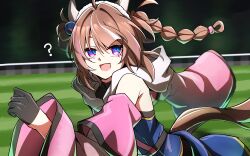 1girl :d ? ahoge bare_shoulders black_gloves braid brown_hair detached_sleeves ear_covers genderswap genderswap_(mtf) gloves hair_intakes highres horse_racing_track looking_at_viewer meisho_tabaru_(racehorse) multicolored_hair open_mouth original personification pink_hair ruisuke running smile solo streaked_hair umamusume white_hair