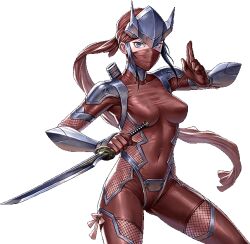 1girl armor bodysuit breasts brown_bodysuit brown_leotard curvy female_mercenary_(taimanin_series) fighting green_eyes highleg highleg_leotard holding holding_sword holding_weapon leotard lilith-soft long_hair looking_at_viewer mask medium_breasts mouth_mask purple_hair revealing_clothes shindol shiny_skin skin_tight standing sword taimanin_(series) taimanin_rpgx taimanin_suit transparent_background weapon wide_hips