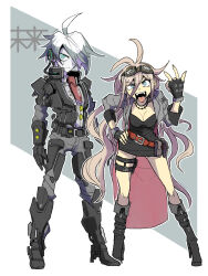 1boy 1girl ahoge black_boots black_dress black_gloves blue_eyes boots breasts brown_hair cleavage danganronpa_(series) danganronpa_v3:_killing_harmony dress fingerless_gloves full_body gloves goggles goggles_on_head grey_hair grey_jacket hair_over_one_eye hand_on_own_hip high_heel_boots high_heels highres iruma_miu jacket k1-b0 kumakoro_(tetsupag) long_hair messy_hair robot_boy tongue tongue_out very_long_hair