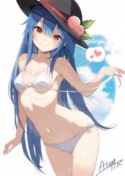1girl bare_arms bare_shoulders bikini black_hat blue_hair blue_sky blurry blush bokeh bow breasts cleavage closed_mouth cloud collarbone cowboy_shot depth_of_field food fruit gluteal_fold groin hair_between_eyes hat hat_ribbon head_tilt heart highres hinanawi_tenshi long_hair looking_at_viewer loose_bikini medium_breasts navel peach red_eyes red_ribbon ribbon sidelocks signature simple_background skindentation sky smile solo spoken_heart stomach string_bikini swimsuit tetsurou_(fe+) thigh_gap thighs touhou very_long_hair white_background white_bikini