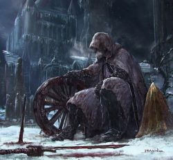 1boy blood blood_on_snow bloodborne bloody_weapon blurry boots breath building cloak cold cone courtyard depth_of_field dragonizm full_body hidden_face icicle ivy male_focus night signature sitting snow solo statue sword weapon wheel