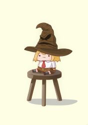 1girl absurdres blonde_hair brown_skirt chibi commentary full_body grey_socks harry_potter_(series) highres hogwarts_legacy hololive hololive_english necktie phdpigeon plaid_clothes plaid_skirt pout red_necktie shirt simple_background sitting skirt smol_ame socks solid_circle_eyes solo sorting_hat stool virtual_youtuber watson_amelia white_shirt wizarding_world yellow_background