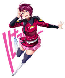 Rule 34 | black thighhighs, blue eyes, boots, gundam, gundam seed, gundam seed destiny, highres, knee boots, lunamaria hawke, military, military uniform, purple hair, short hair, solo, thigh boots, thighhighs, white boots, yumeno tanuki