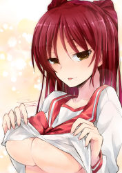 Rule 34 | 1girl, blush, bow, breasts, brown eyes, closed mouth, clothes lift, collarbone, eyebrows, eyelashes, facing away, female focus, fingernails, hair between eyes, hands up, io naomichi, kousaka tamaki, large breasts, lifting own clothes, long fingernails, long hair, long sleeves, looking at viewer, naughty face, no bra, pink bow, pink neckwear, pink sailor collar, red hair, sailor collar, school uniform, serafuku, shirt, shirt lift, sleeve cuffs, smile, solo, straight hair, to heart (series), to heart 2, tongue, tongue out, two side up, underboob, upper body, white shirt