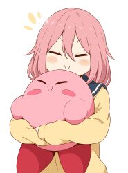 1girl absurdres c: closed_eyes highres hug jacket kagamihara_nadeshiko kirby kirby_(series) long_sleeves motosu_school_uniform nintendo pink_hair school_uniform short_hair simple_background smile sparkle white_background yellow_jacket yurucamp zungurimukkuri_tarou