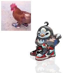 animal animal_focus bird black_eyes chicken clothed_animal commentary english_commentary full_body gen_4_pokemon looking_at_viewer meme nike_(company) nintendo no_humans one_eye_closed photo-referenced photo_inset pokemon pokemon_(creature) reference_inset reflection robin_(pixelated_robin) shoes simple_background sneakers solo starly white_background