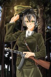 1girl arm_up black_nails blue_sky brown_hair buttons day forest green_eyes green_jacket gun hair_between_eyes hat high_ponytail highres historical_connection holding holding_gun holding_unworn_clothes holding_unworn_hat holding_weapon jacket kaiba47 khrystyna_karpenko long_sleeves military military_hat military_jacket military_uniform multicolored_hair nature neck_tattoo original outdoors petliurivka ponytail shirt sky smile soldier streaked_hair tattoo teeth tree tryzub ukraine ukrainian_insurgent_army unworn_hat unworn_headwear weapon weapon_request white_hair white_shirt world_war_ii