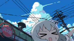 &gt;_&lt; 2girls absurdres black_hair closed_eyes cloud cumulonimbus_cloud day emesan_desu green_eyes grey_hair highres holding holding_umbrella long_hair multiple_girls open_mouth original outdoors power_lines scenery sky summer sweat umbrella utility_pole