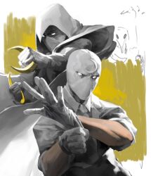 Rule 34 | 2boys, bandages, blank eyes, cape, collared shirt, cowl, crescent, crescent print, doodle inset, dress shirt, facing to the side, facing viewer, glove pull, gloves, hieumay, highres, holding, holding weapon, hood, hood up, hooded cape, male focus, marvel, marvel cinematic universe, moon knight, moon knight (disney+), mr. knight, multiple boys, necktie, open hand, shirt, sleeves rolled up, superhero costume, two-tone background, weapon, white background, white cape, white gloves, white mask, white shirt