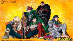 5boys abs alternate_hairstyle armor bakugou_katsuki belt blonde_hair blue_eyes blue_hair boku_no_hero_academia boots burn_scar cape crossed_arms endeavor_(boku_no_hero_academia) father_and_son feathered_cape fur-trimmed_cape fur_trim glasses green_hair hair_ornament heterochromia horikoshi_kouhei iida_tenya looking_at_viewer male_focus midoriya_izuku multicolored_hair multiple_boys official_alternate_costume official_art pants pectoral_cleavage pectorals red_eyes red_hair scar scar_across_eye scar_on_face shoes short_hair spiked_hair squatting standing sword todoroki_shouto tongue tongue_out weapon white_hair