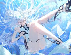 1girl air_bubble bubble dragon_horns dragon_wings fate/grand_order fate_(series) forked_eyebrows high_heel_sandals highres horns long_hair melusine_(fate) melusine_(swimsuit_ruler)_(fate) melusine_(swimsuit_ruler)_(second_ascension)_(fate) ocean one-piece_swimsuit one_eye_closed sandals swimsuit uda_(xax_057) underwater white_hair white_one-piece_swimsuit wings yellow_eyes