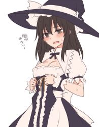 Rule 34 | 1girl, blush, bow, breasts, brown eyes, brown hair, cleavage, cosplay, cuffs, curiosities of lotus asia, dress, dress bow, frills, hakurei reimu, hat, hat bow, hat ribbon, highres, kirisame marisa, miyo (ranthath), open mouth, puffy short sleeves, puffy sleeves, ribbon, short hair, short sleeves, simple background, solo, touhou, translated, tying, white background, white dress, white wrist cuffs, witch hat, wrist cuffs