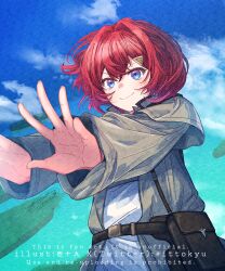 1girl ange_katrina aqua_background artist_name belt blue_background blue_eyes blue_sky brown_bag brown_belt closed_mouth cloud coat commentary_request crossed_bangs english_text floating_hair foreshortening gradient_eyes grey_coat hair_between_eyes hair_intakes hair_ornament ittokyu long_sleeves looking_ahead multicolored_eyes nijisanji official_alternate_costume outstretched_arms page_of_lambda purple_eyes red_hair short_hair signature sky smile solo triangle_hair_ornament twitter_username upper_body virtual_youtuber