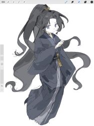 1girl absurdres art_program_in_frame black_hair blue_eyes blue_hanfu chinese_clothes chinese_commentary commentary_request curtained_hair expressionless full_body hand_up hanfu highres limbus_company lin_daiyu_(project_moon) liningne long_hair long_sleeves pale_skin parted_bangs ponytail procreate_(medium) procreate_(software) project_moon simple_background sketch solo very_long_hair white_background wide_sleeves