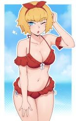 Rule 34 | 1girl, absurdres, aqua eyes, bikini, blonde hair, bow, bow hairband, breasts, cloud, cloudy sky, edmonmondo, frilled bikini, frills, hairband, hand on own head, hand on own hip, highres, idunn (megami tensei), looking at viewer, medium breasts, navel, ocean, one eye closed, red bikini, red bow, shin megami tensei, shin megami tensei v, shin megami tensei v: vengeance, sky, sparkle, swimsuit, thighs