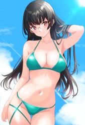 1girl absurdres alternate_costume aqua_bikini bikini black_hair blue_sky breasts choukai_(kancolle) cleavage cloud commentary_request cowboy_shot glasses green_eyes highres kantai_collection long_hair medium_breasts navel nitamako_(sakamalh) sky smile solo swimsuit thigh_gap whipping_hair