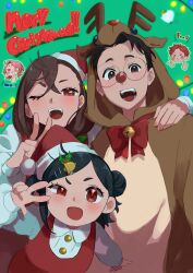2boys 3girls absurdres aged_up animal_costume animal_ears antlers ayase_momo black_hair blush brown_eyes brown_hair child christmas christmas_ornaments collared_shirt cropped_head crossed_bangs dandadan deer_ears dress enjoji_jin fake_animal_ears fake_nose family father_and_daughter glasses hair_between_eyes hair_bun hair_ornament hand_on_another&#039;s_shoulder hat highres holly_hair_ornament horns husband_and_wife if_they_mated long_sleeves looking_at_viewer merry_christmas mother_and_daughter multiple_boys multiple_girls oc_x_canon one_eye_closed open_mouth pom_pom_(clothes) red_eyes red_hat red_nose reindeer_antlers reindeer_costume round_eyewear santa_costume santa_dress santa_hat shiratori_aira_(dandadan) shirt short_hair takakura_ken_(dandadan) takakura_nana toniai upper_body v white_shirt