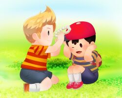bad_tag black_hair blonde_hair child crown grass hat head_wreath lucas_(mother_3) mother_(series) mother_2 ness_(mother_2) nintendo playing red_hat shirt shota sitting sjsj_10 striped_clothes striped_shirt super_smash_bros.