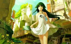 10s 1girl 2012 as109 bad_id bad_pixiv_id bare_shoulders breasts bus car city clothes_lift day dress female_focus flower from_below grass green_eyes green_hair highres long_hair matching_hair/eyes motor_vehicle overgrown ruins saya_(saya_no_uta) saya_no_uta shade shibuya_(tokyo) signature skirt skirt_hold skirt_lift sky small_breasts smile solo sundress sunlight tokyo_(city) white_dress white_skirt wind