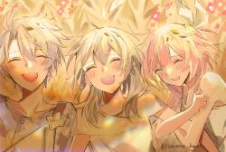 Rule 34 | 1boy, 2girls, ahoge, blush, cyrene (honkai: star rail), dress, grey hair, hair ornament, hashtag-only commentary, highres, honkai: star rail, honkai (series), laughing, locked arms, lying, medium hair, multiple girls, nononono bouzu, official alternate costume, on back, outdoors, phainon (a dream scented in wheat) (honkai: star rail), phainon (honkai: star rail), pink hair, purple shirt, shirt, short hair, stelle (honkai: star rail), trailblazer (honkai: star rail), twitter username, wheat, wheat field, white dress, white hair, white shirt