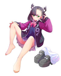 1girl absurdres black_hair black_nails bow bowtie choker closed_mouth collared_shirt commentary_request eyelashes green_eyes hair_bow hand_in_own_hair hand_up highres jacket knees long_sleeves marnie_(academy)_(pokemon) marnie_(pokemon) nail_polish nintendo official_alternate_costume pantyhose pink_bow pink_bowtie pleated_skirt pokemon pokemon_masters_ex shirt shoes skirt solo unworn_shoes vest white_background white_shirt zhen_xionggui