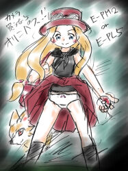 1girl animal bag black_shirt black_socks blonde_hair blue_eyes blush bow bow_panties crotch_seam eyewear_on_head fennekin fox gen_6_pokemon green_background hat holding holding_poke_ball kneehighs long_hair looking_at_viewer nintendo panties pink_bow poke_ball poke_ball_(basic) pokemon pokemon_(creature) pokemon_xy red_hat red_skirt serena_(pokemon) shirt skirt sleeveless sleeveless_shirt smile socks standing su_(pixiv_263717) sunglasses sunglasses_on_head underwear white_panties wind wind_lift yellow_fur