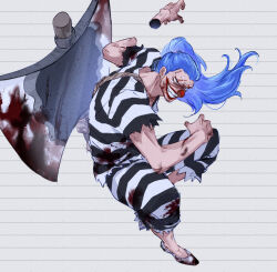 1boy archived_source axe blood blood_stain blue_hair buggy_the_clown clown_nose devil_fruit_power disembodied_hand facial_hair grin highres huge_weapon male_focus one_piece ponytail prison_clothes red_lips red_nose shirt shoes short_sleeves smile solo striped_clothes striped_shirt stubble upper_body weapon