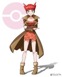 Rule 34 | 1girl, absurdres, alternate costume, blunt bangs, boots, brown boots, brown coat, closed mouth, coat, collarbone, commentary request, dress, full body, gen 3 pokemon, highres, knees, latias, legendary pokemon, long sleeves, looking at viewer, nail polish, nintendo, open clothes, open coat, personification, pigeon-toed, pokemon, pokemon adventures, red hair, red nails, short hair, smile, solo, standing, tellzeta, twitter username, white background, yellow eyes
