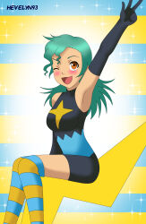 1girl aged_down armpits bike_shorts blush gen_4_pokemon gloves green_hair hevelyn93 highres jenny_(pokemon) long_glove marble_(pokemon) nintendo official_alternate_costume one_eye_closed orange_eyes pokemon pokemon_(anime) pokemon_dp059 pokemon_dppt_(anime) spandex striped_clothes striped_thighhighs thighhighs w wink