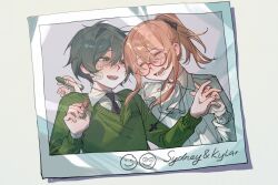 2boys black_hair black_necktie body_markings body_writing closed_eyes collared_shirt crayon degrees_of_lewdity glasses green_eyes green_sweater highres kylar_(degrees_of_lewdity) kylar_(male)_(degrees_of_lewdity) laughing long_hair looking_at_another male_focus multiple_boys necktie open_mouth orange_hair picture_frame ponytail round_eyewear shirt short_hair smile solublesalt123 sweater sydney_(degrees_of_lewdity) sydney_(male)_(degrees_of_lewdity) white_hair