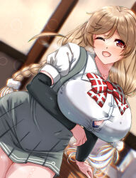 1girl :d absurdres bra bra_visible_through_clothes braid breasts brown_eyes brown_hair bursting_breasts cleavage collarbone commentary_request covered_navel grey_skirt hair_between_eyes highres hot impossible_clothes kantai_collection large_breasts long_hair looking_at_viewer minegumo_(kancolle) one_eye_closed open_mouth overall_skirt pleated_skirt purple_bra shigatsu_(soratobuusagi) shirt skirt smile solo sweat twin_braids underwear white_shirt