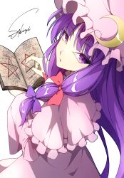 Rule 34 | 1girl, :o, blunt bangs, book, bow, capelet, crescent, crescent hat ornament, dress, frilled capelet, frills, hat, hat ornament, highres, hitomimi 33, holding, holding book, long hair, long sleeves, looking at viewer, mob cap, open book, open mouth, patchouli knowledge, pink capelet, pink dress, pink hat, purple bow, purple eyes, purple hair, red bow, sidelocks, signature, simple background, solo, touhou, upper body, white background, wide sleeves