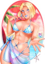 Rule 34 | 1girl, abs, absurdres, beach, bikini, blonde hair, blue bikini, blue nails, breasts, emma frost, highres, jeff (marvel), looking at viewer, marvel, marvel rivals, muscular, muscular female, navel, outdoors, red draws5, see-through clothes, sunset, swimsuit