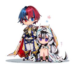 1boy 1girl male_alear_(fire_emblem) bare_legs black_hair blue_eyes blue_hair brother_and_sister chibi double-parted_bangs fire_emblem fire_emblem_engage full_body heterochromia long_hair mugimugis multicolored_hair nintendo purple_eyes red_eyes red_hair siblings simple_background streaked_hair two-tone_hair very_long_hair veyle_(fire_emblem) white_background white_hair