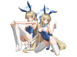 1girl absurdres animal_ear_hairband animal_ears blonde_hair blue_archive blue_bow blue_eyes blue_hairband blue_leotard blue_shoes blush bow closed_mouth detached_collar fake_animal_ears hairband high_heels highleg highleg_leotard highres kneeling leotard long_hair looking_at_viewer no_shoes official_alternate_costume official_alternate_hairstyle playboy_bunny rabbit_ear_hairband rabbit_ears shoes solo strapless strapless_leotard summer_(724788381) thighhighs toki_(blue_archive) toki_(bunny)_(blue_archive) v white_thighhighs wrist_cuffs