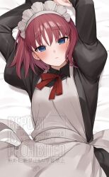 1girl apron arms_up bed_sheet black_dress blue_eyes blush breasts dress highres hisui_(tsukihime) long_sleeves looking_at_viewer lying maid maid_apron maid_headdress medium_breasts on_back on_bed parted_lips puffy_sleeves red_hair red_ribbon ribbon short_hair solo tarou_(komekueyo) tsukihime watermark white_apron white_headdress