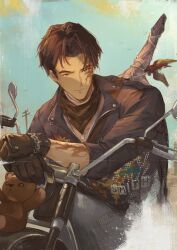 Rule 34 | 1boy, absurdres, black gloves, black hair, black jacket, blue neckerchief, blue sky, burn scar, closed mouth, dog tags, gloves, green pants, highres, j (reverse:1999), jacket, long sleeves, looking at viewer, male focus, motor vehicle, motorcycle, neckerchief, on motorcycle, own hands together, panmee, pants, reverse:1999, scar, scar on arm, scar on face, short hair, sky, solo, stuffed animal, stuffed toy, teddy bear, upper body, utility pole, weapon, weapon on back