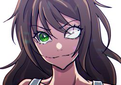 1girl backlighting bare_shoulders brown_hair chromatic_aberration clockwork_(creepypasta) closed_mouth commentary creepypasta green_eyes hair_between_eyes hair_flaps highres looking_at_viewer nocturnalsky portrait simple_background solo stitched_mouth stitches tank_top white_background white_tank_top