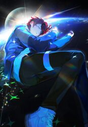 absurdres black_pants black_streaks closed_eyes grey_jacket highres hood hoodie jacket lying male_focus multicolored_hair multicolored_jacket on_side pants planet red_hair shoes short_hair sleeping space star_(sky) streaked_hair sumino_takumi sun_glare the_hundred_line_-last_defense_academy- two-tone_jacket voltmeter_f white_hoodie white_shoes