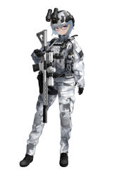 1girl absurdres black-framed_eyewear black_boots black_gloves boots camouflage camouflage_helmet camouflage_pants camouflage_shirt combat_helmet commentary commission english_commentary full_body glasses gloves grey_hair gun helmet highres holding holding_gun holding_weapon long_sleeves military_combat_uniform military_fatigues military_uniform original pants pixiv_commission purple_eyes rynn_(rynn_cube) scope shirt short_hair simple_background snow_camouflage solo standing sweden swedish_army walkie-talkie weapon white_background