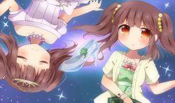 10s 1girl bare_shoulders boots bow bracelet breasts brown_eyes brown_hair clover collarbone commentary_request dress closed_eyes four-leaf_clover glass_slipper green_dress hair_ornament heart high_heels idolmaster idolmaster_cinderella_girls jacket jewelry kawaguchi necklace ogata_chieri open_clothes open_jacket pearl_bracelet pearl_necklace red_footwear short_sleeves small_breasts smile sparkle star_(symbol) twintails unbuttoned upper_body upside-down