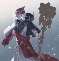Rule 34 | 1boy, absurdres, animal ears, black robe, braid, braided ponytail, cat boy, cat ears, cowboy shot, crystal exarch, crystallization, ff topet, final fantasy, final fantasy xiv, g&#039;raha tia, gradient background, highres, holding, holding staff, looking at viewer, male focus, material growth, miqo&#039;te, multicolored hair, parted lips, red eyes, red hair, red robe, robe, short hair, single braid, slit pupils, solo, staff, standing, two-tone hair