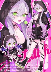 1388chan 1girl black_jacket blush body_markings breasts character_name chibi choker cleavage crossed_bangs demon_girl demon_horns demon_wings ear_piercing fate/grand_order fate_(series) full_body green_eyes grey_hair hair_between_eyes highres hood horns jacket lilith_(fate) lilith_(first_ascension)_(fate) long_hair long_sleeves looking_at_viewer low_twintails medium_breasts multiple_views open_mouth piercing shoes smile sneakers thigh_strap twintails wings