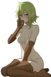 1girl bare_shoulders bikini blue_eyes blush boots breasts brown_boots brown_gloves dungeon_ni_deai_wo_motomeru_no_wa_machigatteiru_darou_ka elbow_gloves elf embarrassed fellatio_gesture gloves gobi_(jtnyrwbkohiqsuldg) green_hair highres long_bangs looking_to_the_side paid_reward_available pointy_ears ryu_lion short_hair sidelocks sitting small_breasts solo swimsuit thigh_boots tongue tongue_out wariza wavy_hair white_bikini