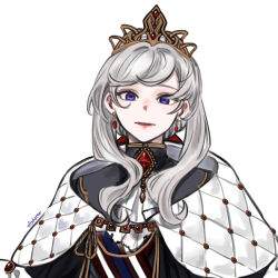 aged_up asha_in_erinn cloak crown eremon_(mabinogi) grey_hair highres jewelry looking_at_viewer mabinogi purple_eyes queen simple_background upper_body