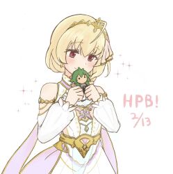 1girl ahoge andou_tazusa armlet assault_lily bare_shoulders blonde_hair blush braid braided_ponytail character_doll closed_mouth commentary_request detached_sleeves doll dress earrings hair_between_eyes hair_ribbon hands_up happy_birthday holding holding_doll jewelry long_sleeves looking_at_object low_ponytail marukame_ten official_alternate_costume official_alternate_hairstyle pink_dress pink_ribbon ponytail red_eyes ribbon short_hair side_ponytail simple_background single_braid sleeveless sleeveless_dress smile solo sparkle standing tiara two-tone_dress upper_body white_background white_dress yoshimura_thi_mai